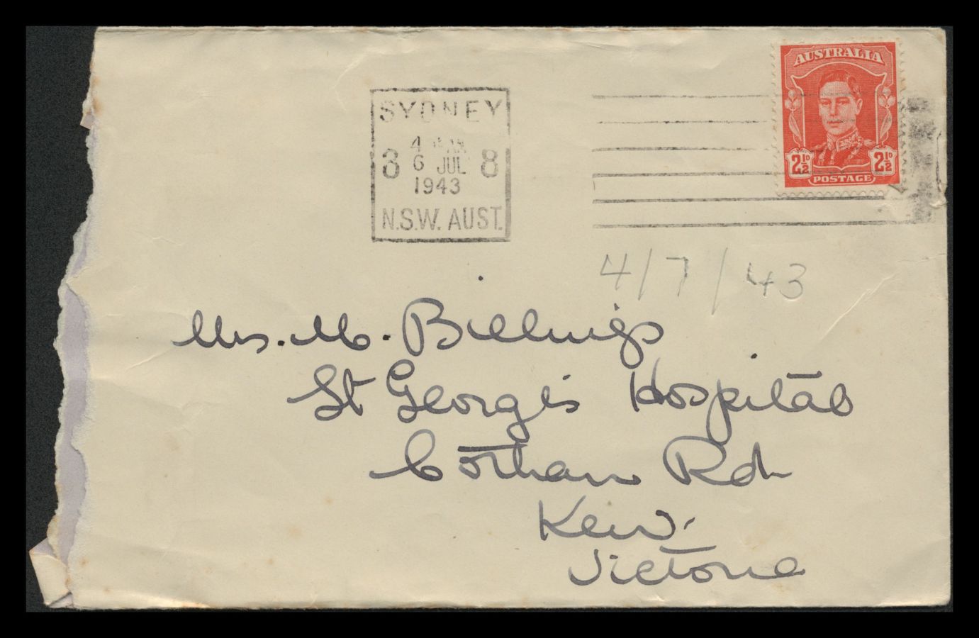 Envelope addressed to Mrs. M. Billings dated 4 July 1943