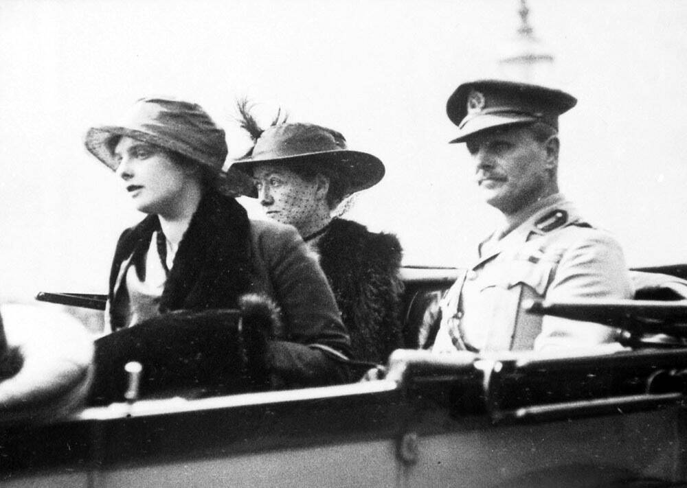 General Sir William Riddell Birdwood with his wife Jeanette and daughter Nancy driving through the city before an Anzac Day march.