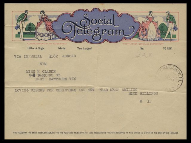 Telegram from Michael Billings dated 3 January 1942