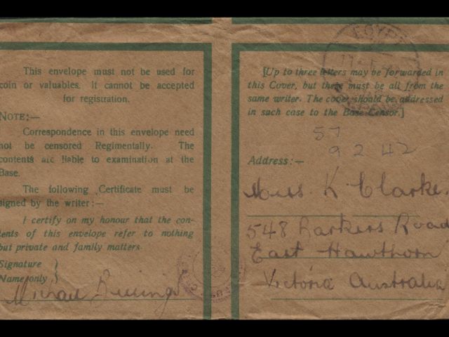 Envelope dated 9 February 1942 addressed to Miss K Clarke