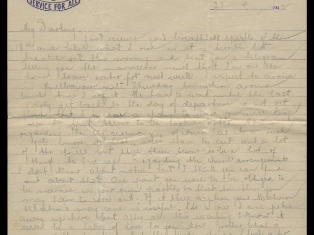 Letter from Michael Billings dated 23 April 1942