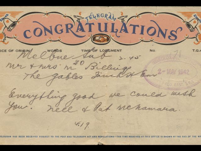 Telegram from Nell and Pat McNamara dated 2 May 1942