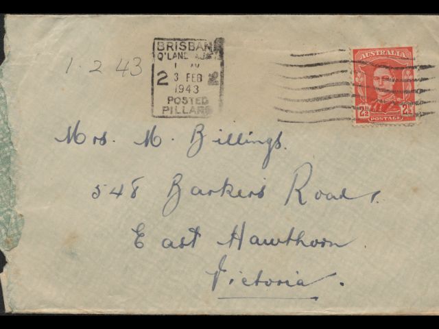 Envelope dated 23 February 1943 addressed to Mrs M Billings