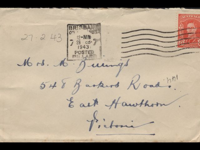 Envelope dated 27 February 1943 addressed to Mrs M Billings