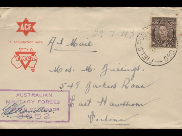 Envelope dated 29 July 1943 addressed to Mrs M Billings