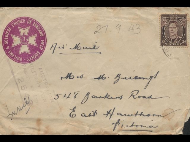 Envelope dated 27 September 1943 addressed to Mrs M Billings