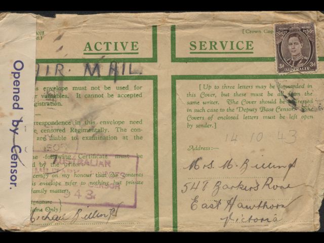 Envelope dated14 October 1943 addressed to Mrs M Billings