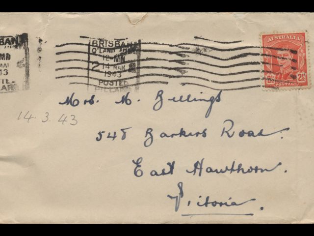 Envelope addressed to Mrs. M. Billings dated 14 March 1943