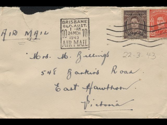 Envelope addressed to Mrs. M. Billings dated 22 March 1943