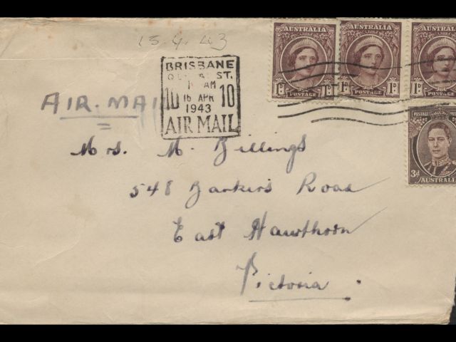 Envelope addressed to Mrs. M. Billings dated 15 April 1943