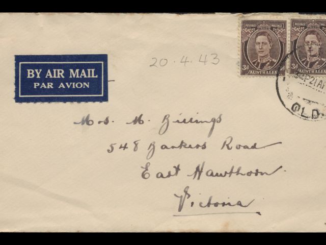 Envelope addressed to Mrs. M. Billings dated 20 April 1943