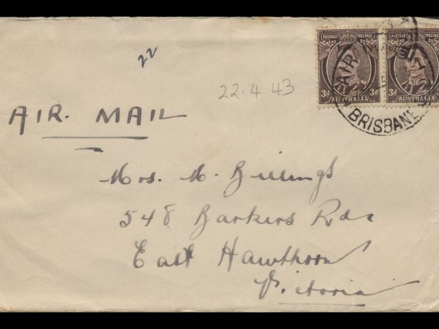 Envelope addressed to Mrs. M. Billings dated 22 April 1943