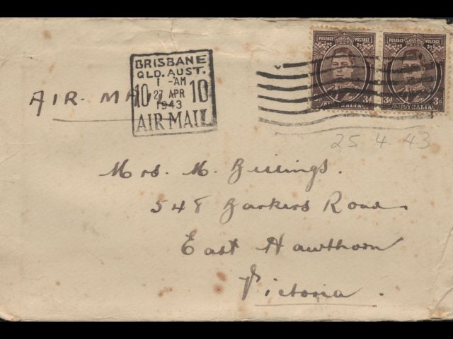 Envelope addressed to Mrs. M. Billings dated 25 April 1943