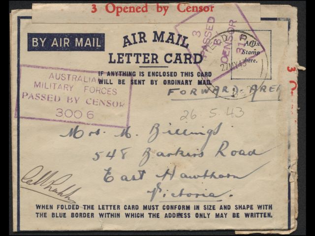 Envelope addressed to Mrs. M. Billings dated 26 May 1943