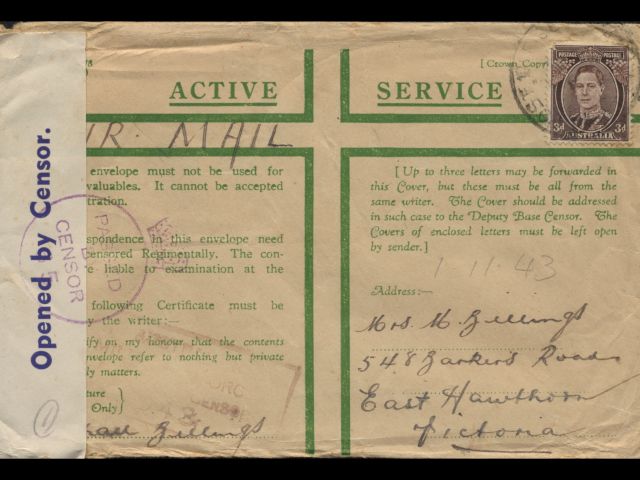 Envelope addressed to Mrs. M. Billings dated 1 November 1943