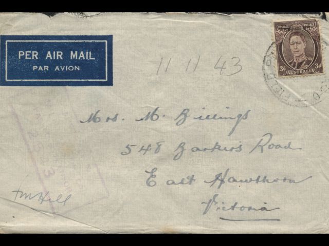 Envelope addressed to Mrs. M. Billings dated 11 November 1943