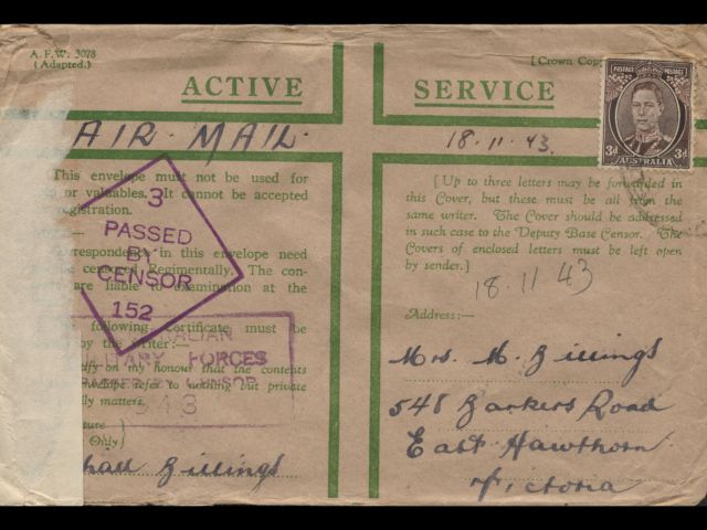 Envelope addressed to Mrs. M. Billings dated 18 November 1943