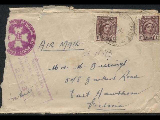 Envelope addressed to Mrs. M. Billings dated 21 November 1943