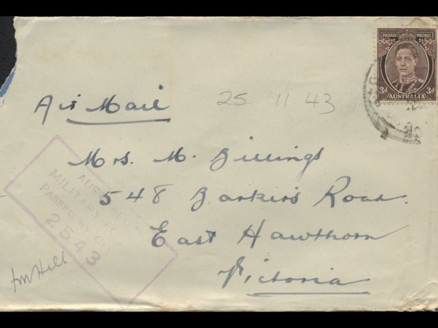 Envelope addressed to Mrs. M. Billings dated 25 November 1943