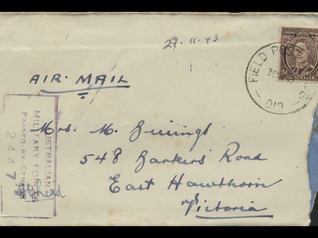 Envelope addressed to Mrs. M. Billings dated 29 November 1943