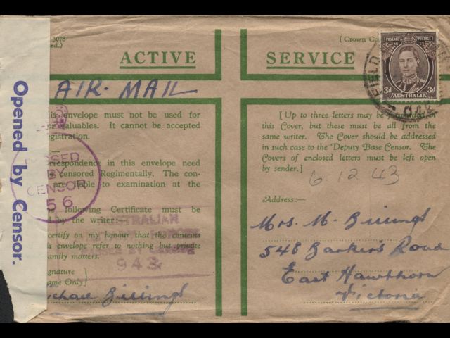 Envelope addressed to Mrs. M. Billings dated 6 December 1943