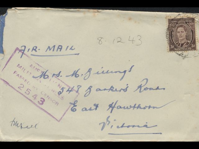 Envelope addressed to Mrs. M. Billings dated 8 December 1943