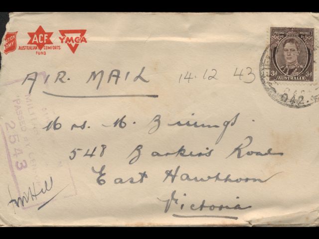 Envelope addressed to Mrs. M. Billings dated 14 December 1943