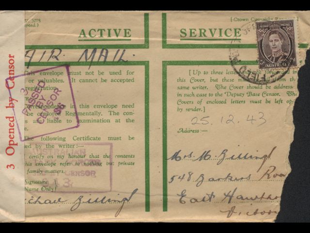 Envelope addressed to Mrs. M. Billings dated 25 December 1943