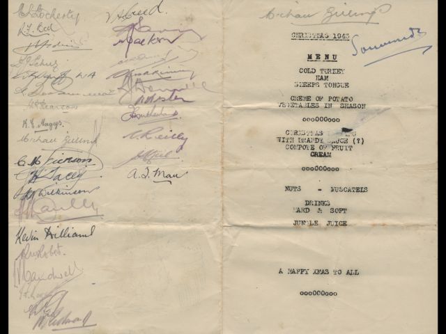 Christmas Menu dated 1943 with signatures