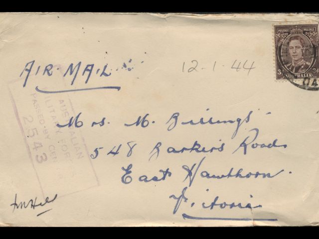 Envelope addressed to Mrs. M. Billings dated 12 January 1944