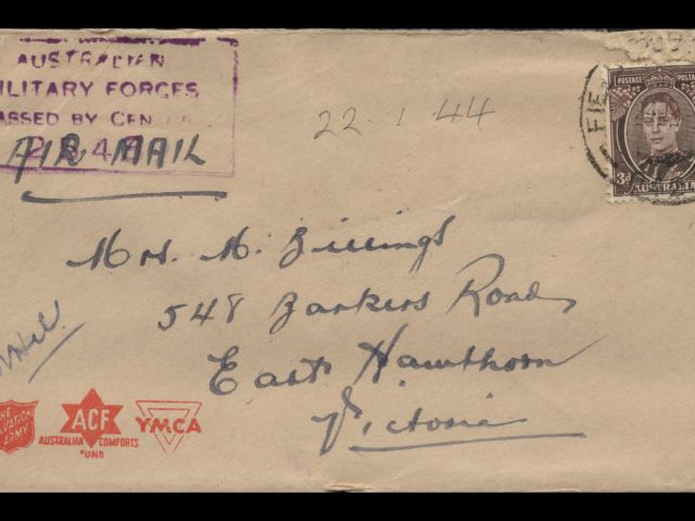 Envelope addressed to Mrs. M. Billings dated 22 January 1944