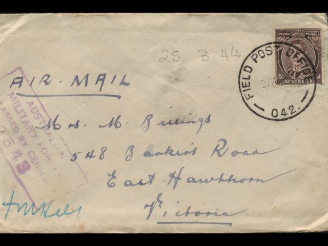 Envelope addressed to Mrs. M. Billings dated 25 March 1944