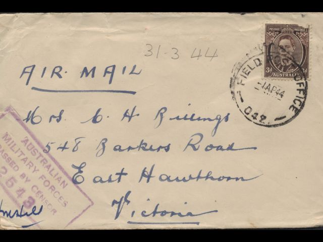 Envelope addressed to Mrs. M. Billings dated 31 March 1944