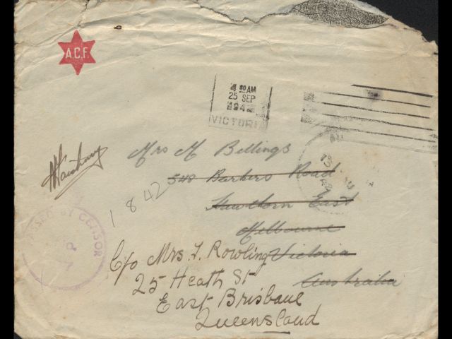 Envelope addressed to Mrs. M. Billings dated 1 August 1942