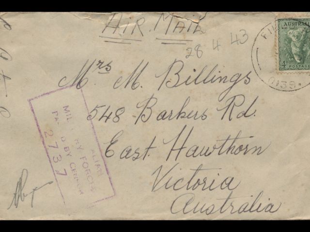 Envelope addressed to Mrs. M. Billings dated 28 April 1943