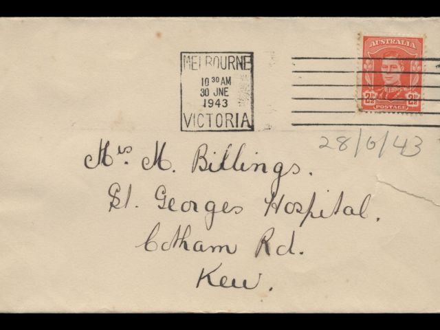 Envelope addressed to Mrs. M. Billings dated 28 June 1943
