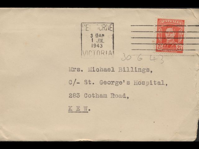 Envelope addressed to Mrs. Michael Billings dated 30 June 1943