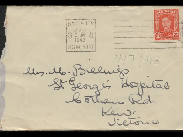 Envelope addressed to Mrs. M. Billings dated 4 July 1943