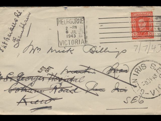 Envelope addressed to Mrs. Mick Billings dated 7 July 1943