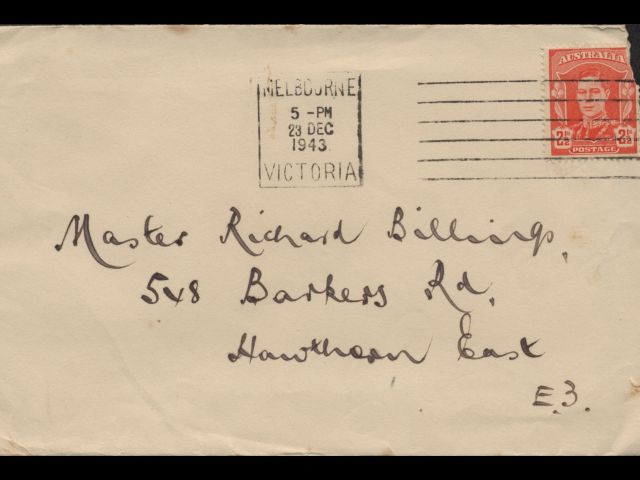 Envelope addressed to Master Richard Billings, Mrs and Mr Billings son, dated 23 December 1943