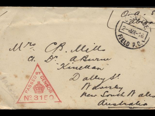 Envelope addressed to Mrs. C. B. Mills dated 2 March 1916