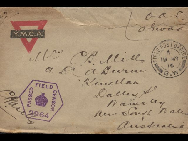 Envelope addressed to Mrs CB Mills dated 19 May 1916