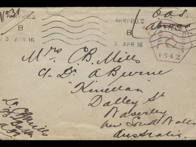 Envelope addressed to Mrs. C. B. Mills dated 3 April 2016
