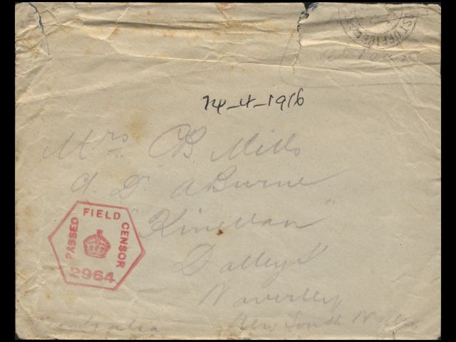Envelope addressed to Mrs. C. B. Mills dated 14 April 1916