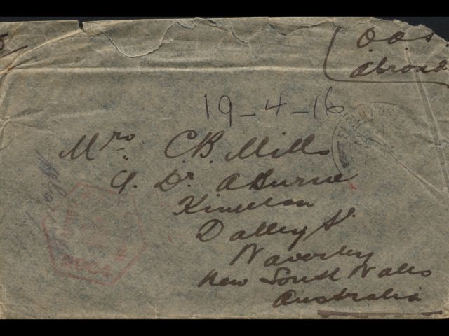 Envelope addressed to Mrs. C. B. Mills dated 19 April 2016