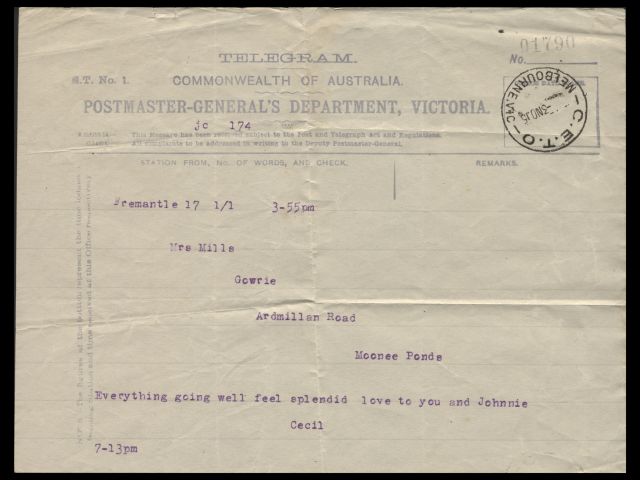 Telegram sent to Mrs. Mills from Cecil
