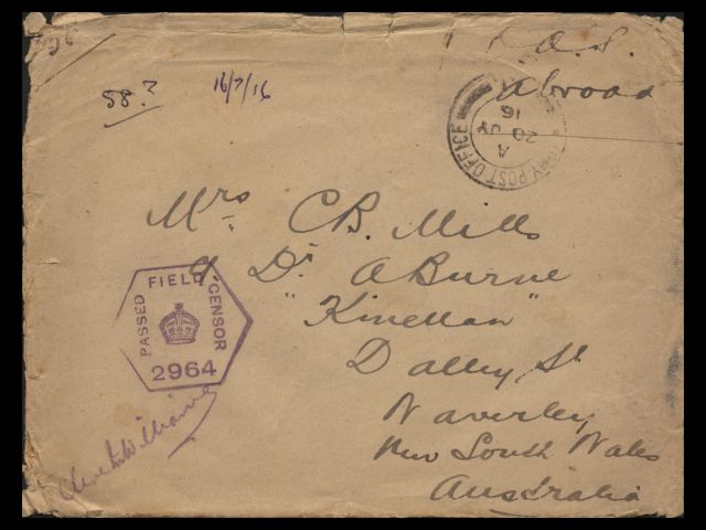 Envelope addressed to Mrs CB Mills dated 16 July 1916