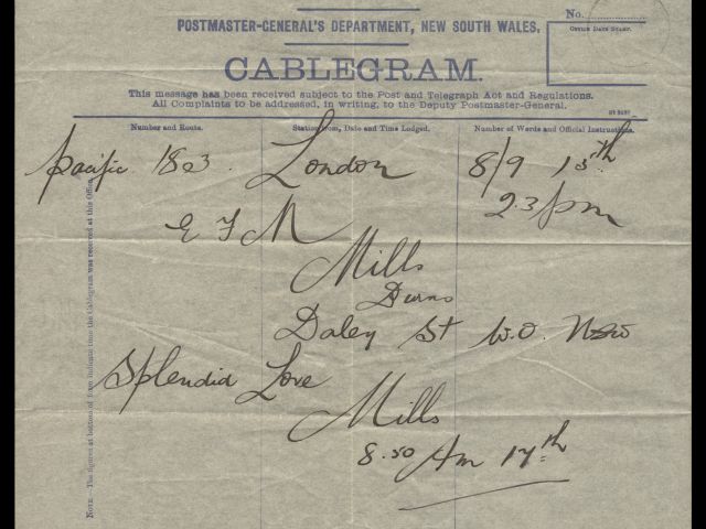 Cablegram addressed to Mrs. Mills from Mr. Mills