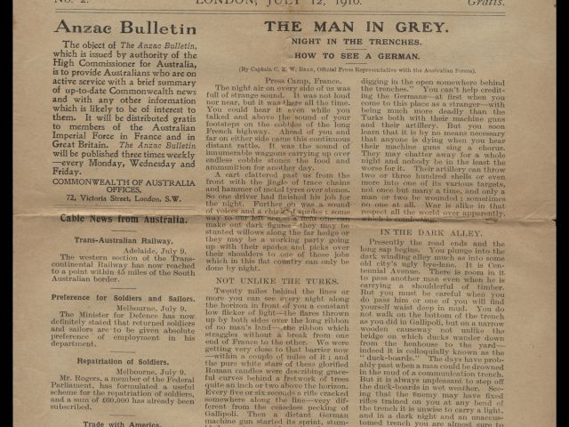 Anzac Bulletin Newspaper, London, dated 12 July 1916