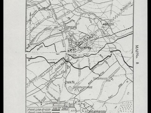 Map of the battlefield of Pozières and Mouquet Farm, July-September 1916